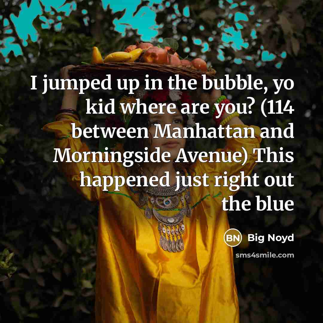 “I jumped up in the bubble, yo kid where are you? (114 between Manhattan and Morningside Avenue) This happened just right out the blue” quote by Big Noyd
