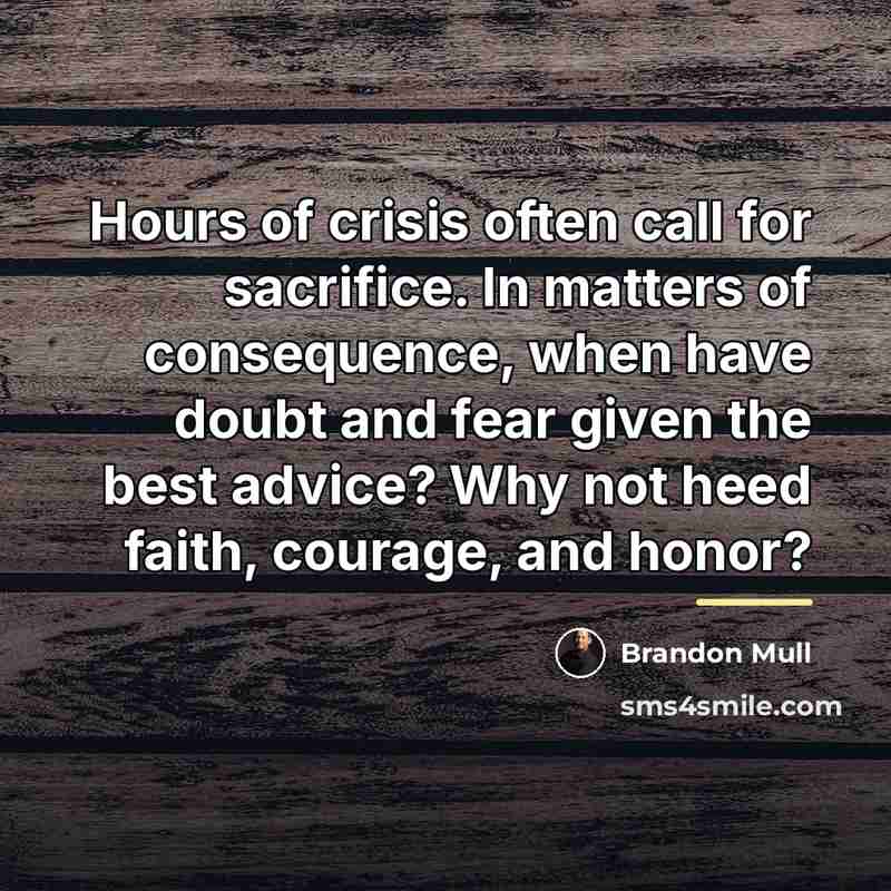 “Hours of crisis often call for sacrifice. In matters of…” quote by Brandon Mull