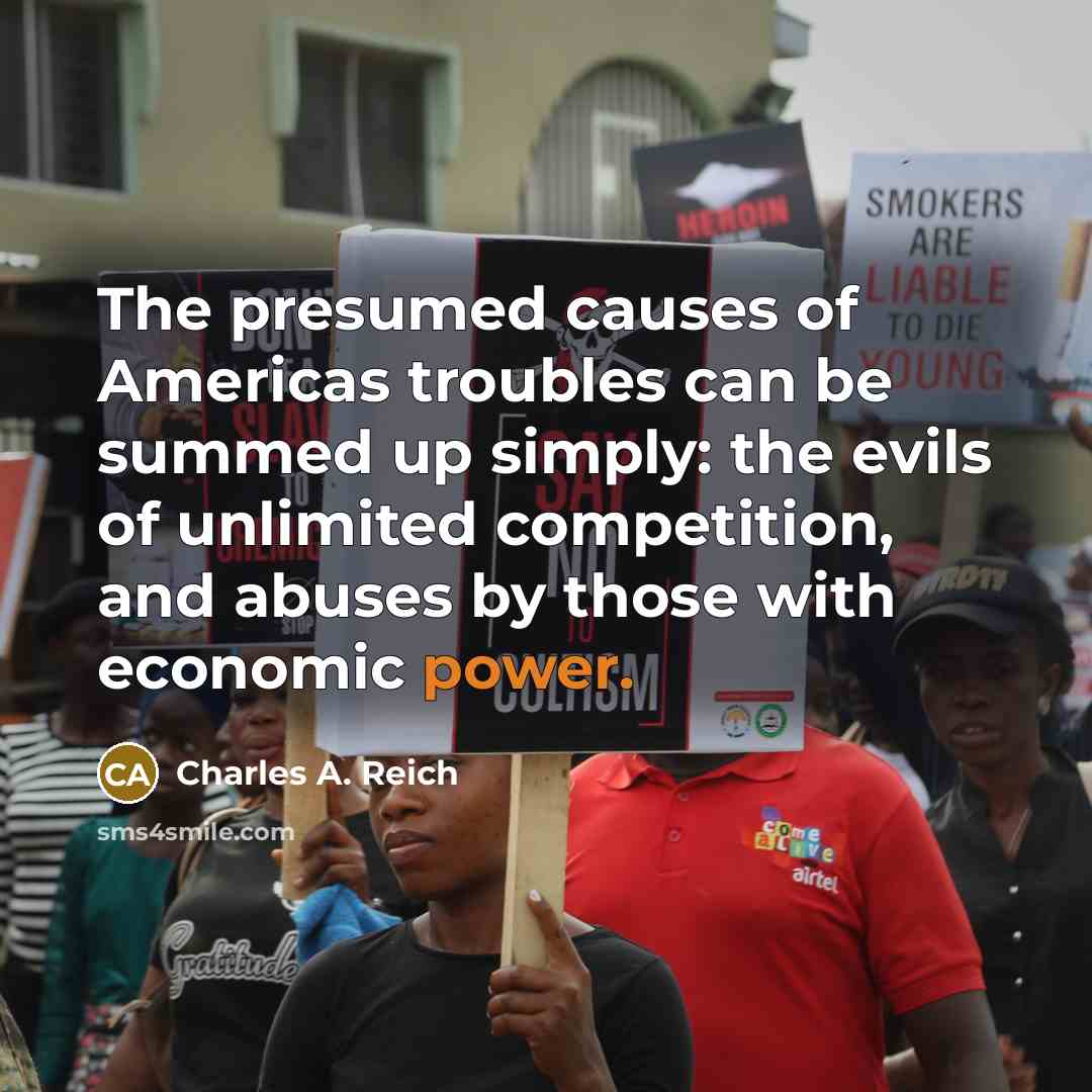 “The presumed causes of Americas troubles can be summed up…” quote by Charles A. Reich