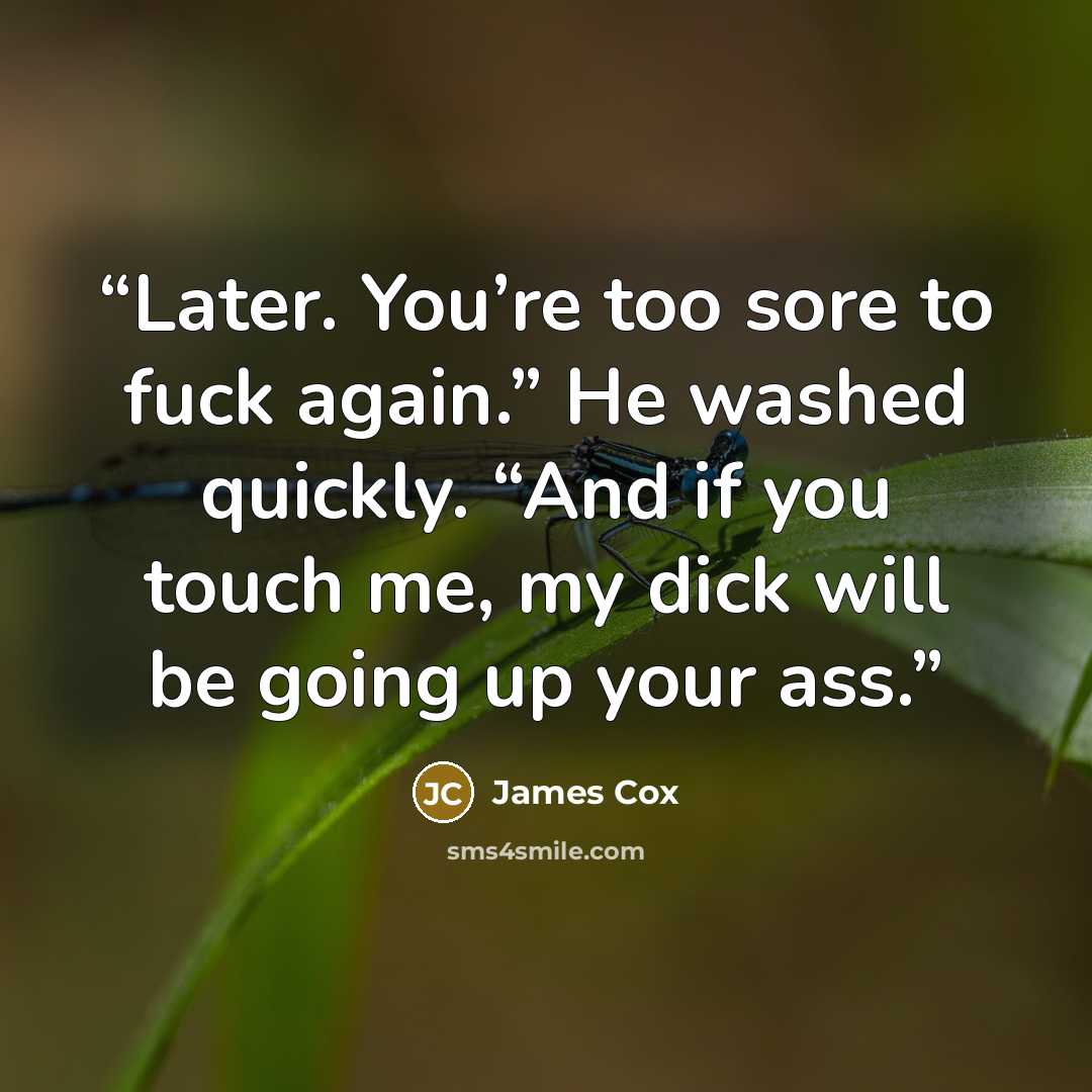 “Later. You’re too sore to fuck again.” He washed quickly. “And if you touch me, my dick will be going up your ass.” quote by James Cox