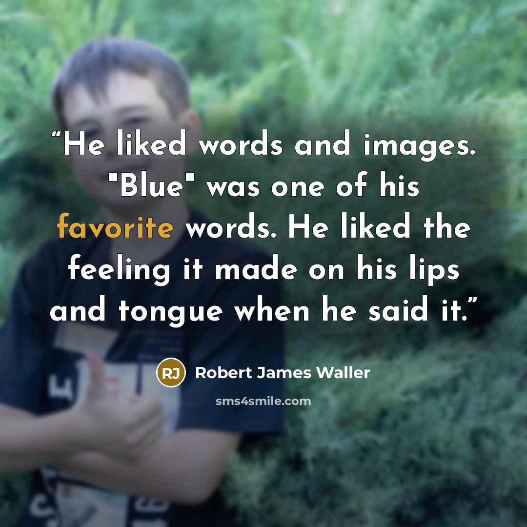 “He liked words and images. "Blue" was one of his favorite words. He liked the feeling it made on his lips and tongue when he said it.” quote by Robert James Waller