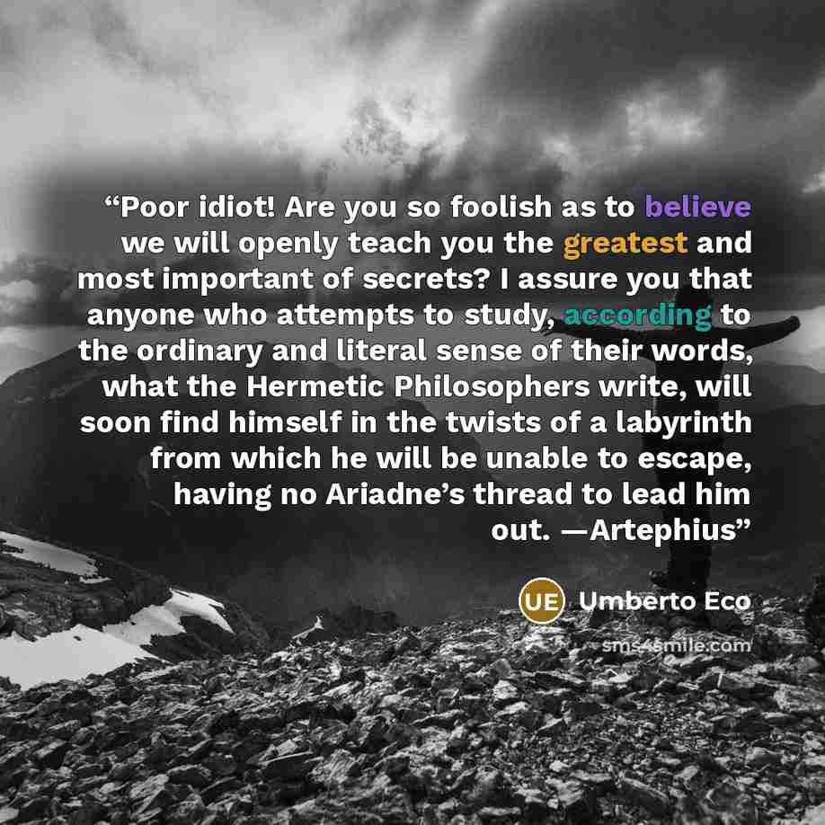 “Poor idiot! Are you so foolish as to believe we will openly teach you the greatest and most important of secrets? I assure you that anyone who attempts to study, according to the ordinary and literal sense of their words, what the Hermetic Philosophers write, will soon find himself in the twists…” quote by Umberto Eco