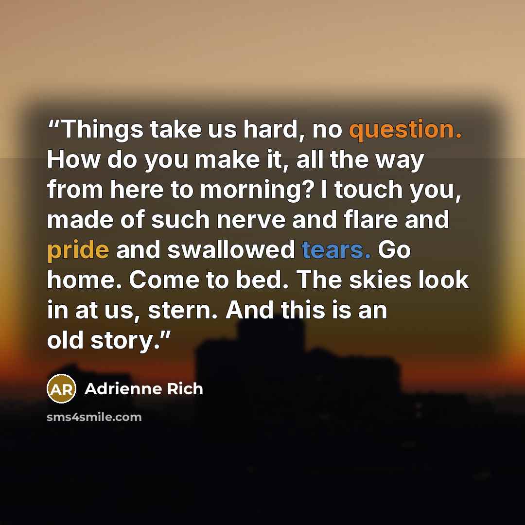 “Things take us hard, no question. How do you make it, all the way from here to morning? I touch you, made of such nerve and flare and pride and swallowed tears. Go home. Come to bed. The skies look in at us, stern. And this is an old story.” quote by Adrienne Rich