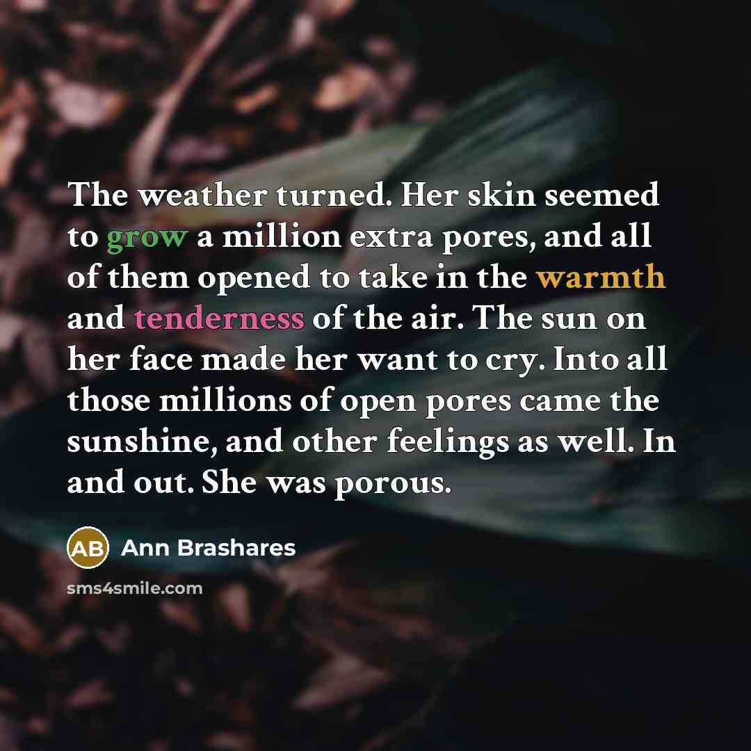 “The weather turned. Her skin seemed to grow a million…” quote by Ann Brashares