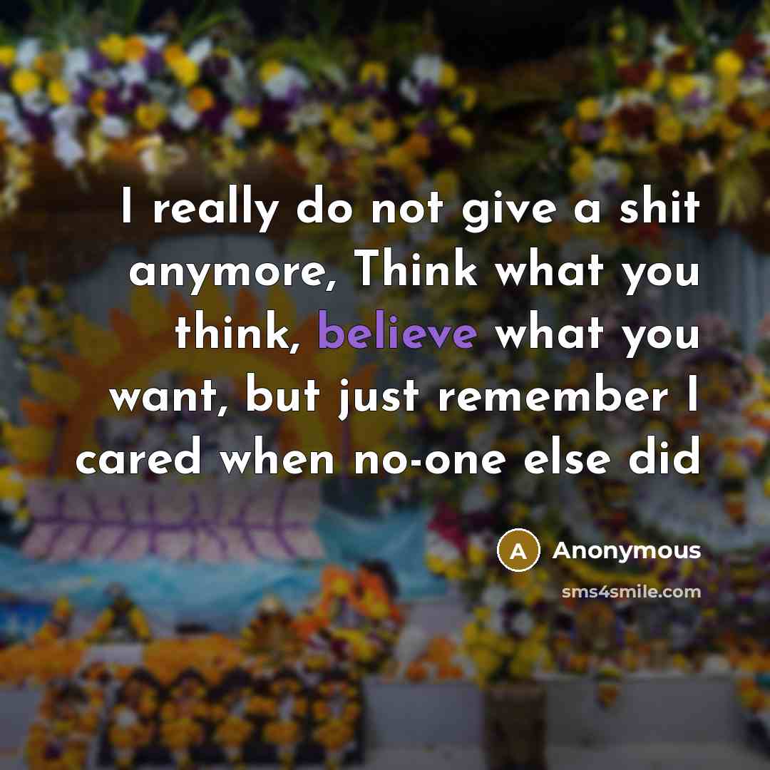 “I really do not give a shit anymore, Think what you think, believe what you want, but just remember I cared when no-one else did” quote by Anonymous