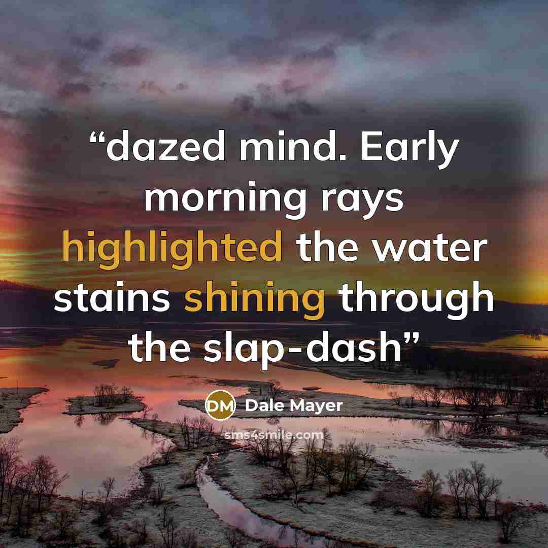 “dazed mind. Early morning rays highlighted the water stains shining through the slap-dash” quote by Dale Mayer