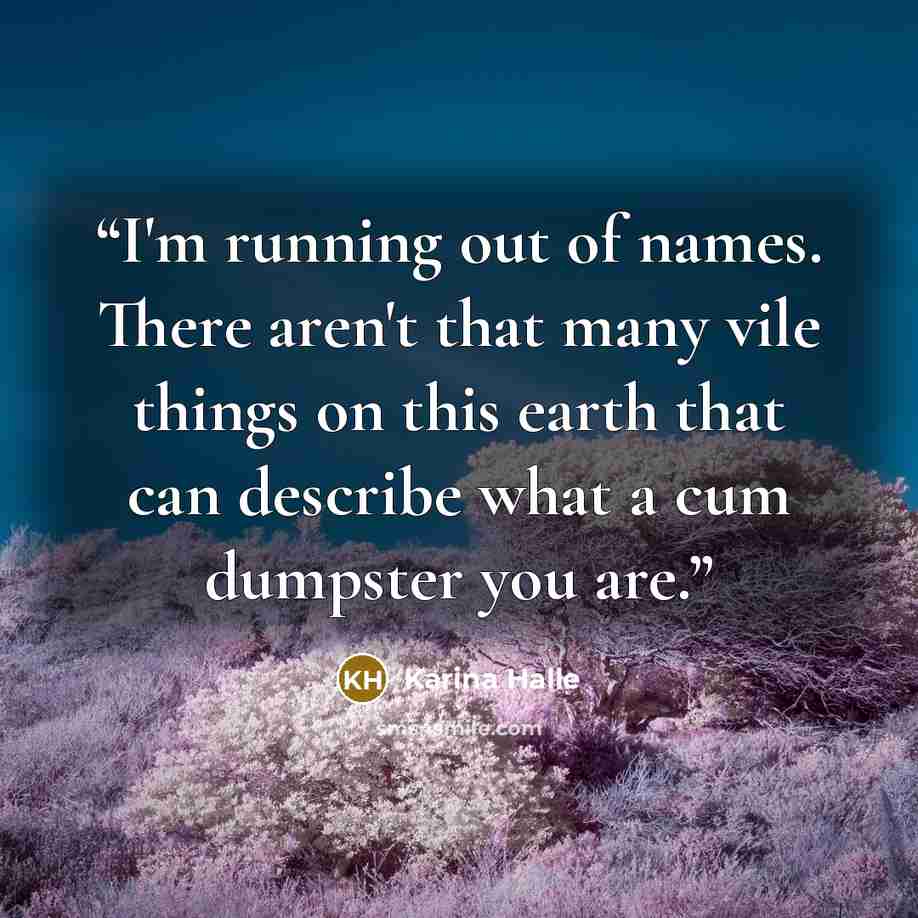 “I'm running out of names. There aren't that many vile things on this earth that can describe what a cum dumpster you are.” quote by Karina Halle