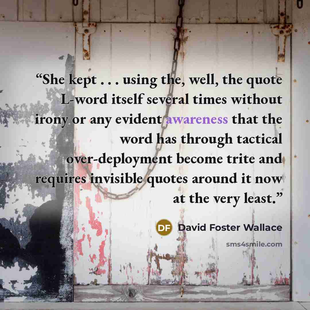 “She kept . . . using the, well, the quote L-word itself several times without irony or any evident awareness that the word has through tactical over-deployment become trite and requires invisible quotes around it now at the very least.” quote by David Foster Wallace