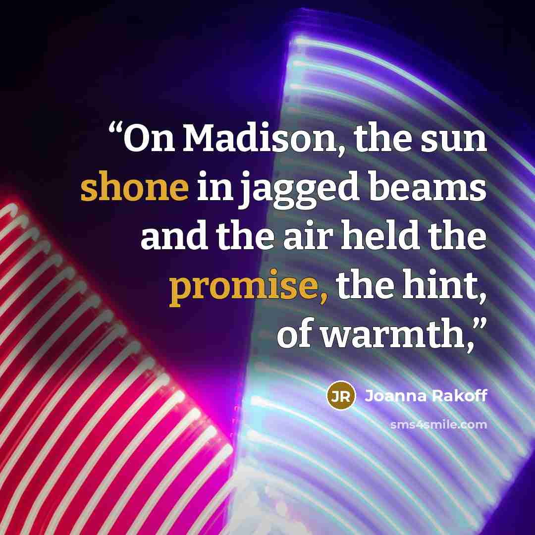 “On Madison, the sun shone in jagged beams and the air held the promise, the hint, of warmth,” quote by Joanna Rakoff