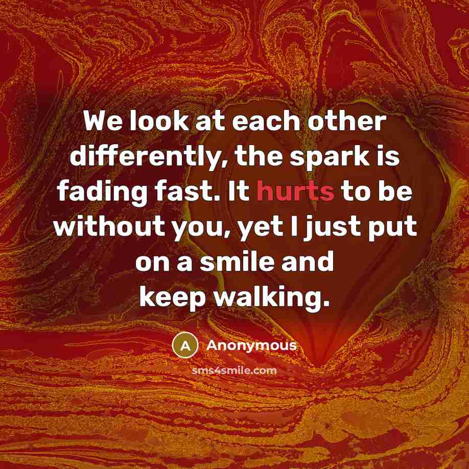 “We look at each other differently, the spark is fading fast. It hurts to be without you, yet I just put on a smile and keep walking.” quote by Anonymous