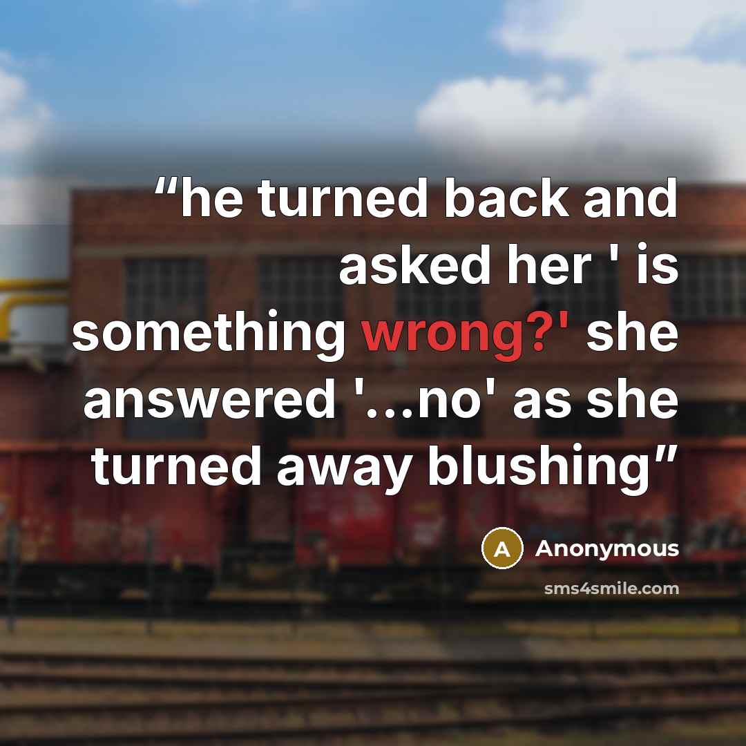 “he turned back and asked her ' is something wrong?' she answered '...no' as she turned away blushing” quote by Anonymous