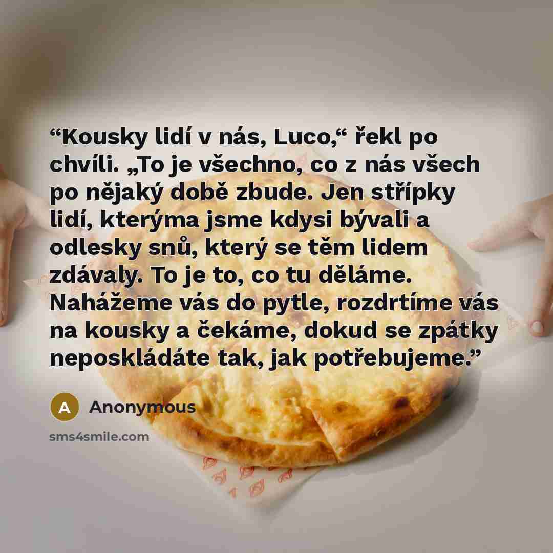“Kousky lidí v nás, Luco,“ řekl po chvíli. „To je všechno, co z nás všech po nějaký době zbude. Jen střípky lidí, kterýma jsme kdysi bývali a odlesky snů, který se těm lidem zdávaly. To je to, co tu děláme. Nahážeme vás do pytle, rozdrtíme vás na kousky a čekáme, dokud se zpátky neposkládáte tak…” quote by Anonymous