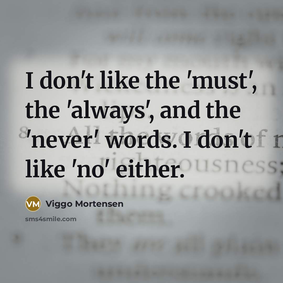 “I don't like the 'must', the 'always', and the 'never'…” quote by Viggo Mortensen