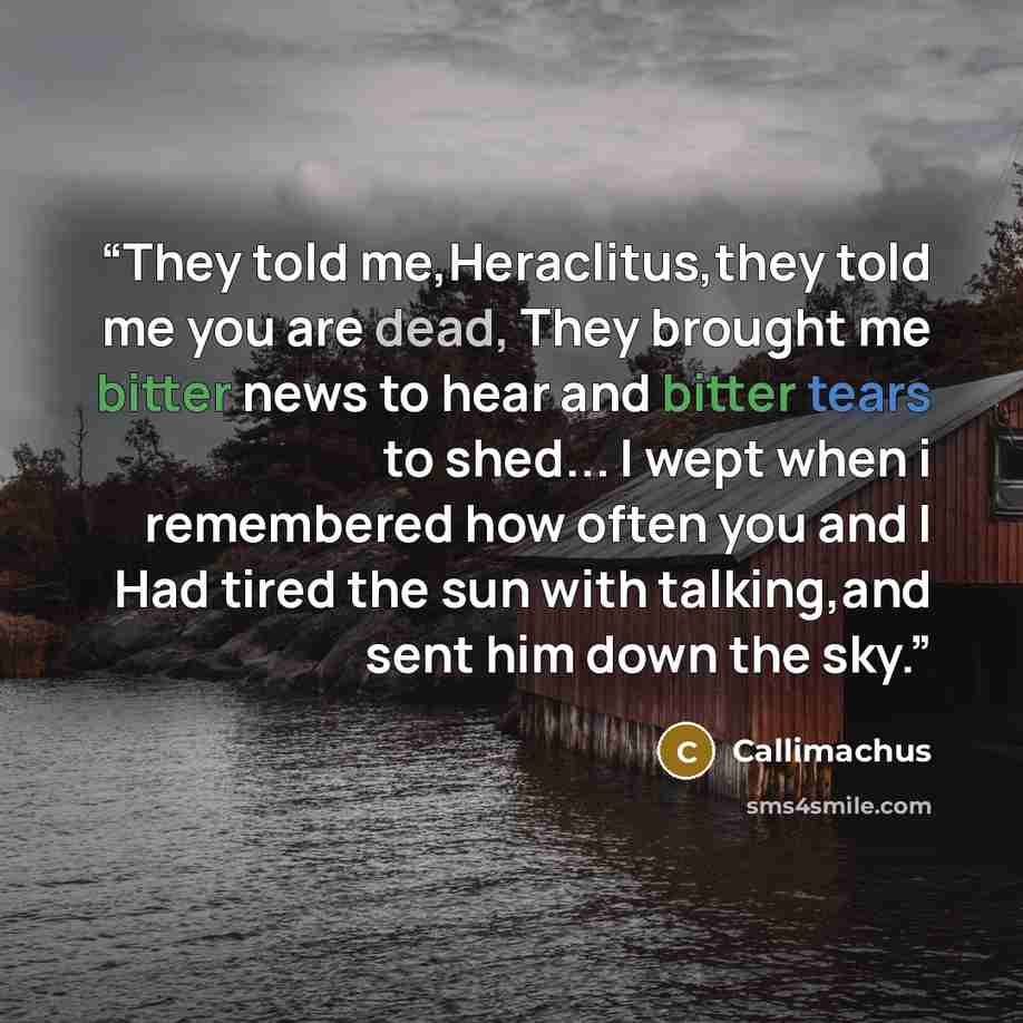 “They told me,Heraclitus,they told me you are dead, They brought me bitter news to hear and bitter tears to shed... I wept when i remembered how often you and I Had tired the sun with talking,and sent him down the sky.” quote by Callimachus