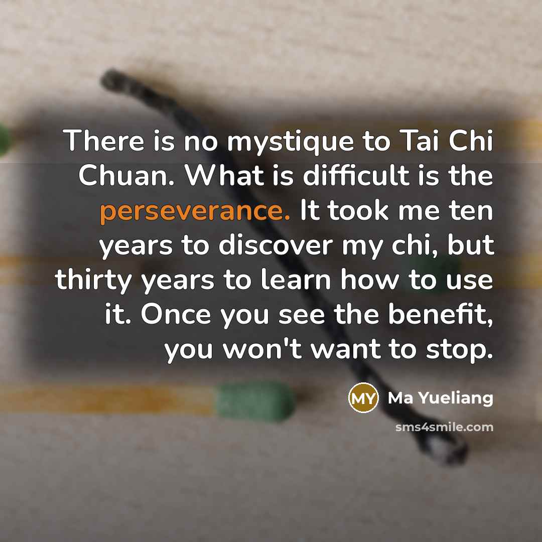 “There is no mystique to Tai Chi Chuan. What is difficult is the perseverance. It took me ten years to discover my chi, but thirty years to learn how to use it. Once you see the benefit, you won't want to stop.” quote by Ma Yueliang