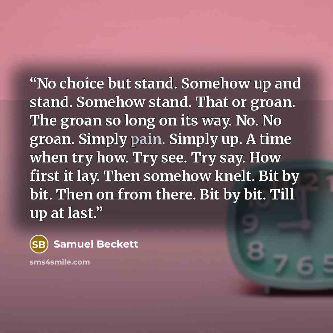 “No choice but stand. Somehow up and stand. Somehow stand. That or groan. The groan so long on its way. No. No groan. Simply pain. Simply up. A time when try how. Try see. Try say. How first it lay. Then somehow knelt. Bit by bit. Then on from there. Bit by bit. Till up at last.” quote by Samuel Beckett