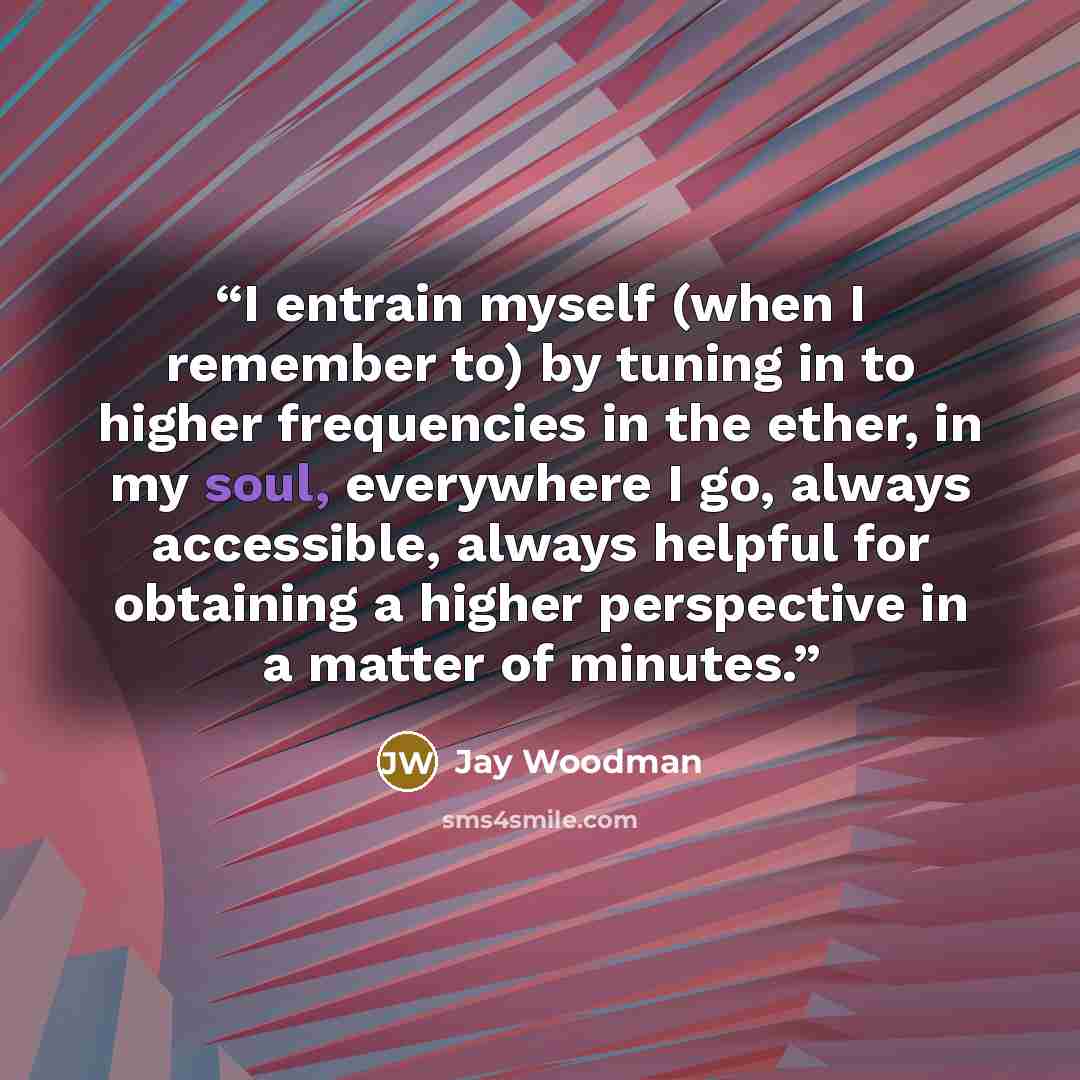 “I entrain myself (when I remember to) by tuning in to higher frequencies in the ether, in my soul, everywhere I go, always accessible, always helpful for obtaining a higher perspective in a matter of minutes.” quote by Jay Woodman
