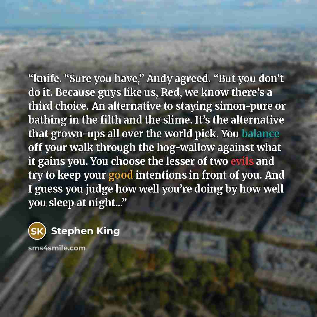 “knife. “Sure you have,” Andy agreed. “But you don’t do it. Because guys like us, Red, we know there’s a third choice. An alternative to staying simon-pure or bathing in the filth and the slime. It’s the alternative that grown-ups all over the world pick. You balance off your walk through the…” quote by Stephen King