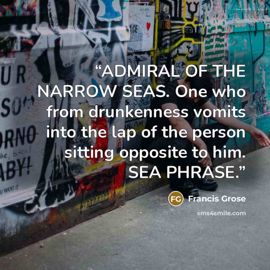 “ADMIRAL OF THE NARROW SEAS. One who from drunkenness vomits into the lap of the person sitting opposite to him. SEA PHRASE.” quote by Francis Grose