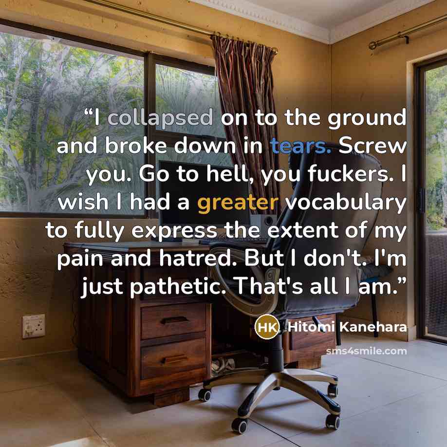 “I collapsed on to the ground and broke down in tears. Screw you. Go to hell, you fuckers. I wish I had a greater vocabulary to fully express the extent of my pain and hatred. But I don't. I'm just pathetic. That's all I am.” quote by Hitomi Kanehara