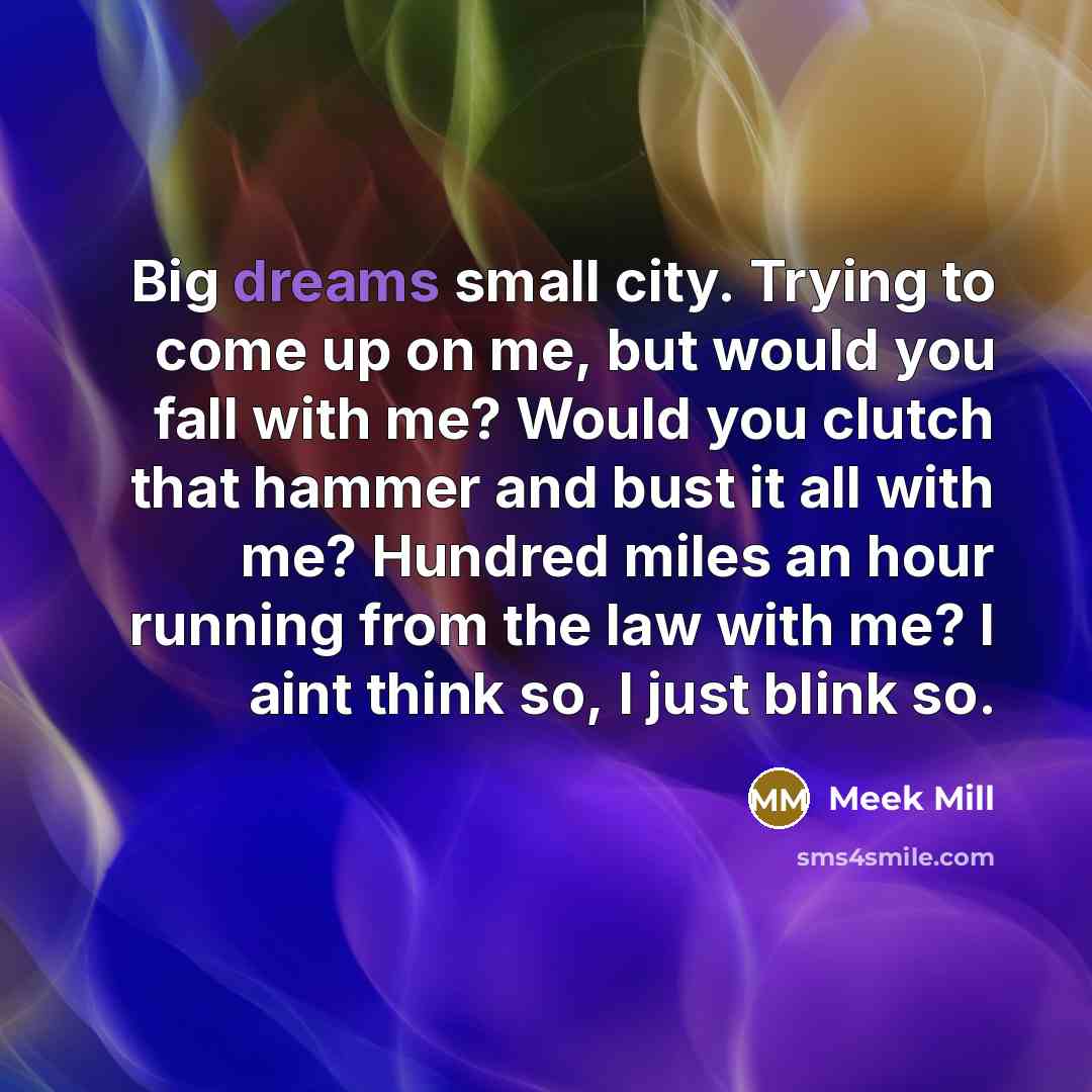 “Big dreams small city. Trying to come up on me,…” quote by Meek Mill