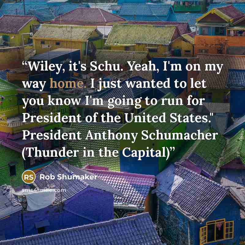 “Wiley, it's Schu. Yeah, I'm on my way home. I just wanted to let you know I'm going to run for President of the United States." President Anthony Schumacher (Thunder in the Capital)” quote by Rob Shumaker