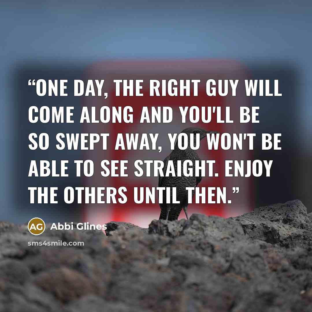 “One day, the right guy will come along and you'll be so swept away, you won't be able to see straight. Enjoy the others until then.” quote by Abbi Glines