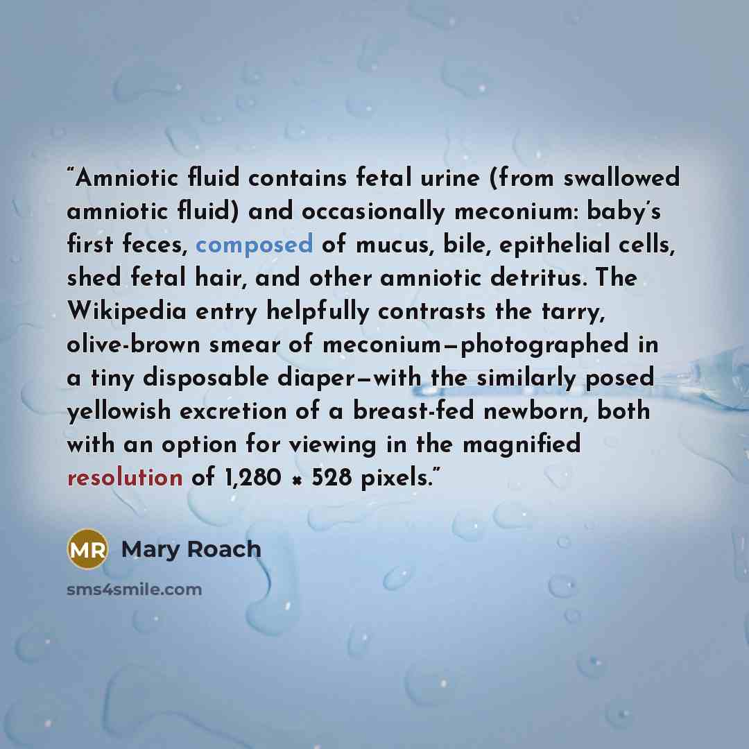 “Amniotic fluid contains fetal urine (from swallowed amniotic fluid) and occasionally meconium: baby’s first feces, composed of mucus, bile, epithelial cells, shed fetal hair, and other amniotic detritus. The Wikipedia entry helpfully contrasts the tarry, olive-brown smear of meconium—photographed…” quote by Mary Roach