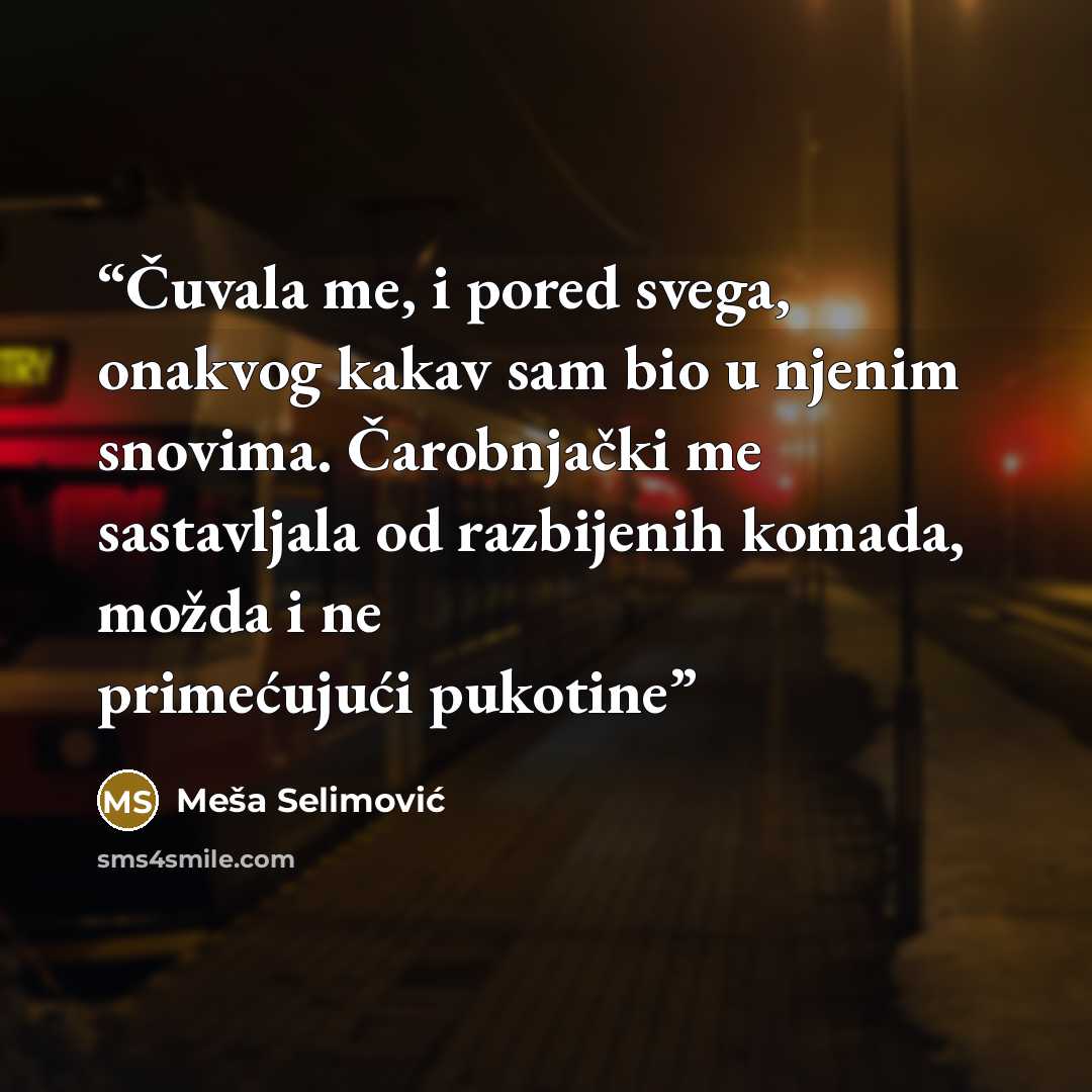 “Čuvala me, i pored svega, onakvog kakav sam bio u njenim snovima. Čarobnjački me sastavljala od razbijenih komada, možda i ne primećujući pukotine” quote by Meša Selimović