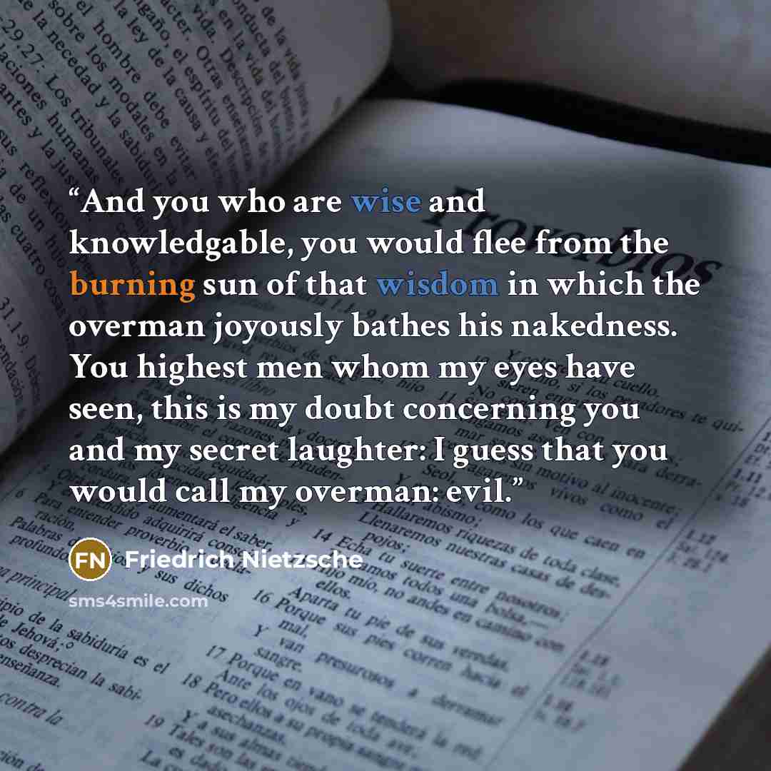 “And you who are wise and knowledgable, you would flee from the burning sun of that wisdom in which the overman joyously bathes his nakedness. You highest men whom my eyes have seen, this is my doubt concerning you and my secret laughter: I guess that you would call my overman: evil.” quote by Friedrich Nietzsche