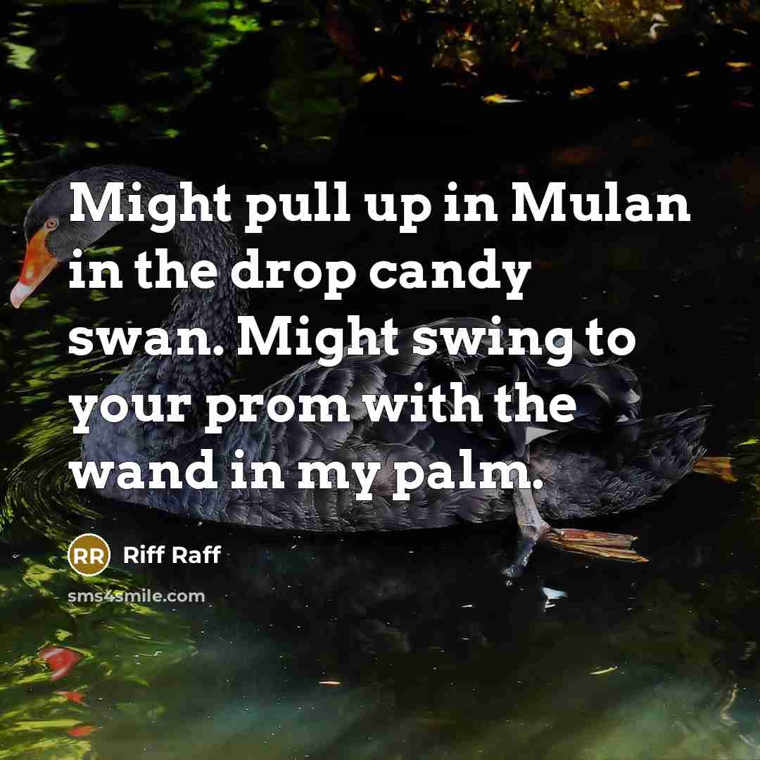 “Might pull up in Mulan in the drop candy swan. Might swing to your prom with the wand in my palm.” quote by Riff Raff