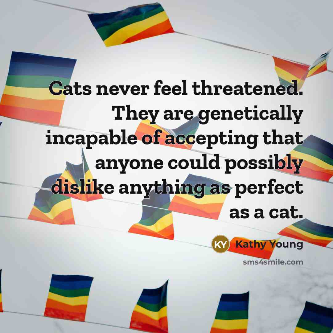“Cats never feel threatened. They are genetically incapable of accepting…” quote by Kathy Young