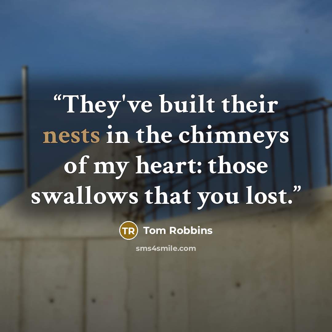 “They've built their nests in the chimneys of my heart: those swallows that you lost.” quote by Tom Robbins