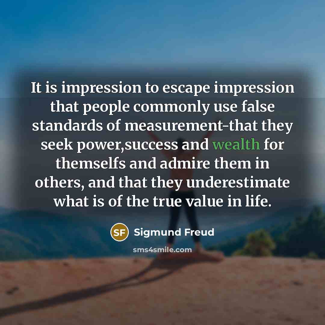 “It is impression to escape impression that people commonly use false standards of measurement-that they seek power,success and wealth for themselfs and admire them in others, and that they underestimate what is of the true value in life.” quote by Sigmund Freud