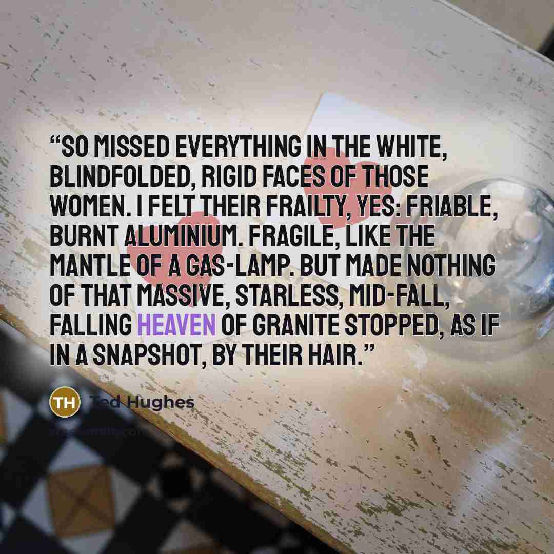 “So missed everything in the white, blindfolded, rigid faces of those women. I felt their frailty, yes: friable, burnt aluminium. Fragile, like the mantle of a gas-lamp. But made nothing of that massive, starless, mid-fall, falling heaven of granite stopped, as if in a snapshot, by their hair.” quote by Ted Hughes