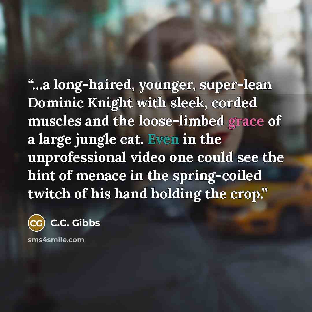 “…a long-haired, younger, super-lean Dominic Knight with sleek, corded muscles and the loose-limbed grace of a large jungle cat. Even in the unprofessional video one could see the hint of menace in the spring-coiled twitch of his hand holding the crop.” quote by C.C. Gibbs