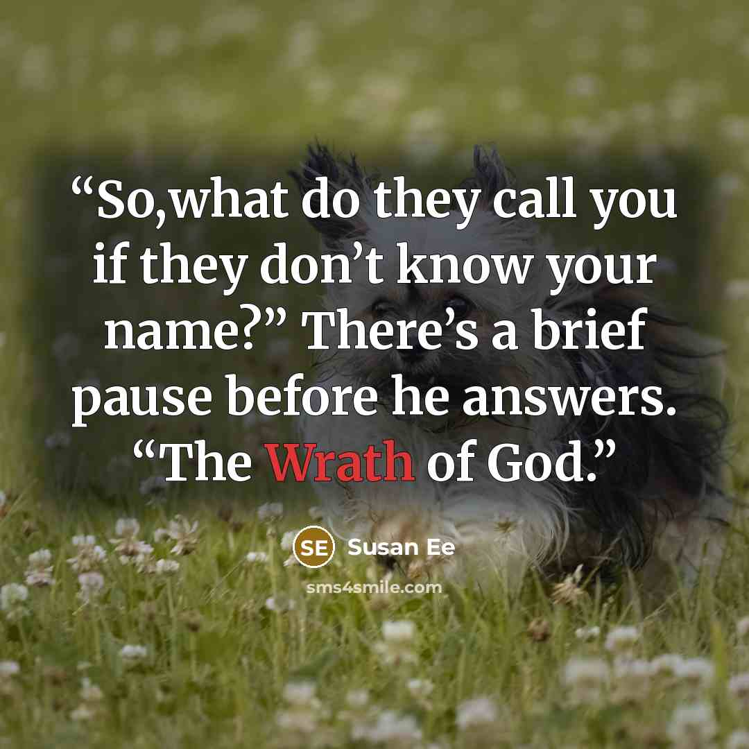 “So,what do they call you if they don’t know your name?” There’s a brief pause before he answers. “The Wrath of God.” quote by Susan Ee