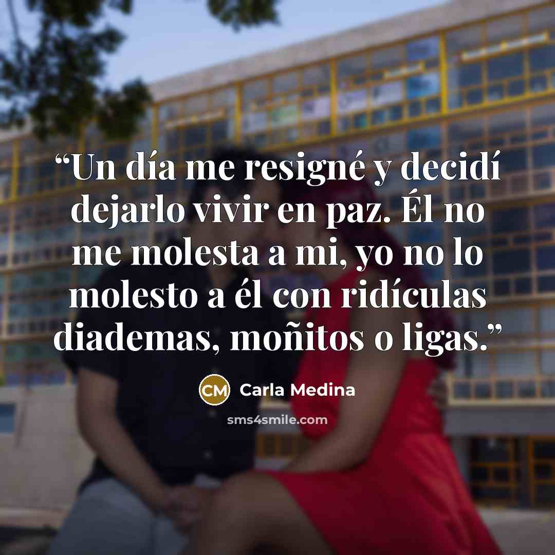 “Un día me resigné y decidí dejarlo vivir en paz. Él no me molesta a mi, yo no lo molesto a él con ridículas diademas, moñitos o ligas.” quote by Carla Medina