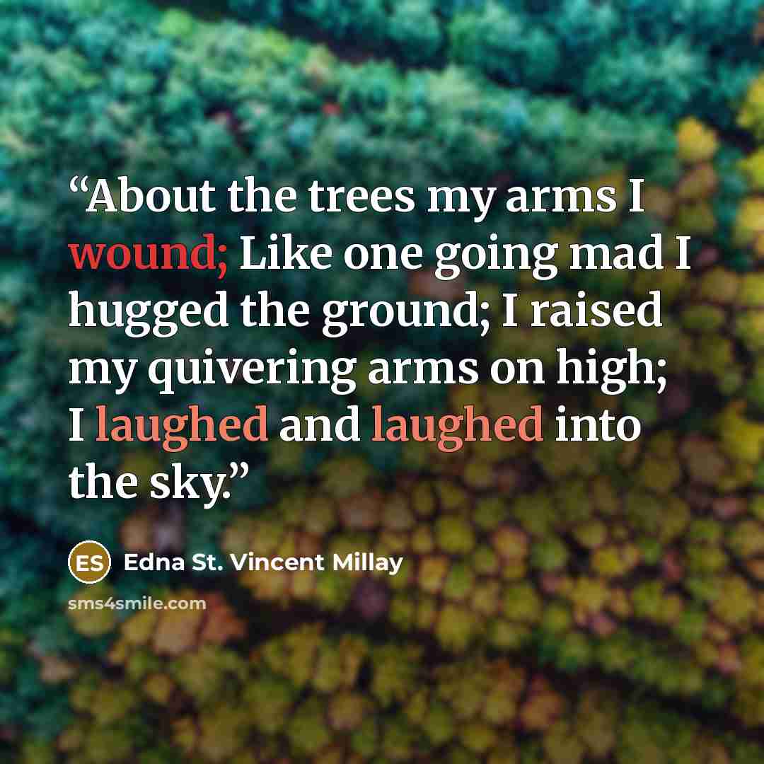 “About the trees my arms I wound; Like one going mad I hugged the ground; I raised my quivering arms on high; I laughed and laughed into the sky.” quote by Edna St. Vincent Millay