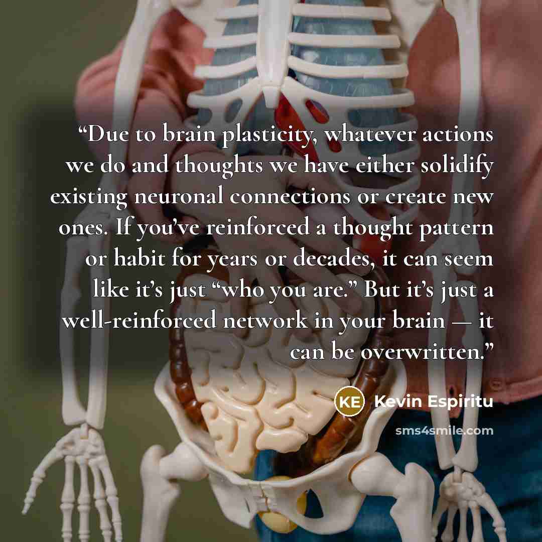 “Due to brain plasticity, whatever actions we do and thoughts we have either solidify existing neuronal connections or create new ones. If you’ve reinforced a thought pattern or habit for years or decades, it can seem like it’s just “who you are.” But it’s just a well-reinforced network in your…” quote by Kevin Espiritu