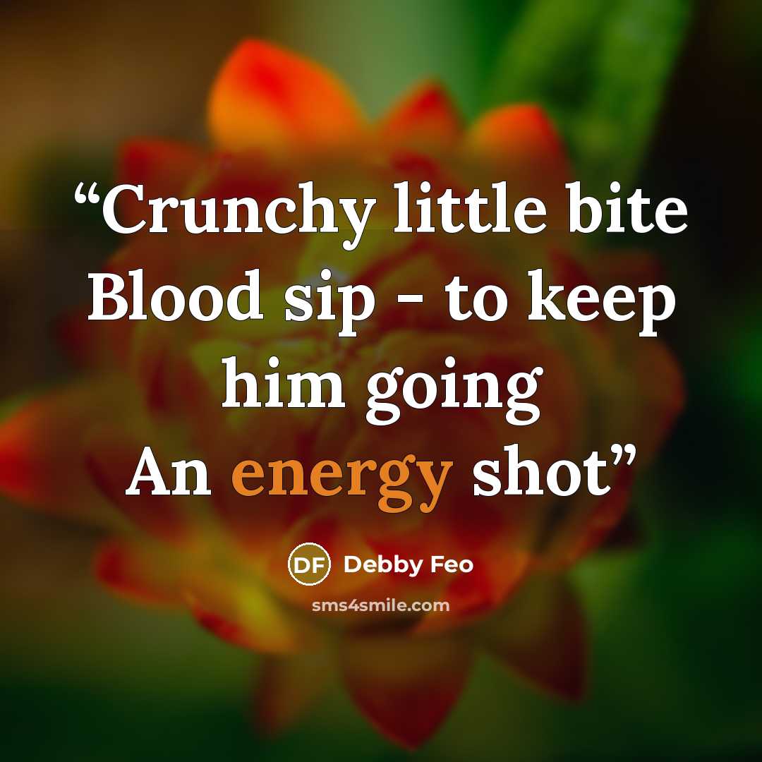 “Crunchy little bite Blood sip - to keep him going An energy shot” quote by Debby Feo