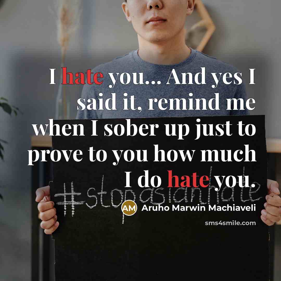 “I hate you... And yes I said it, remind me when I sober up just to prove to you how much I do hate you.” quote by Aruho Marwin Machiaveli