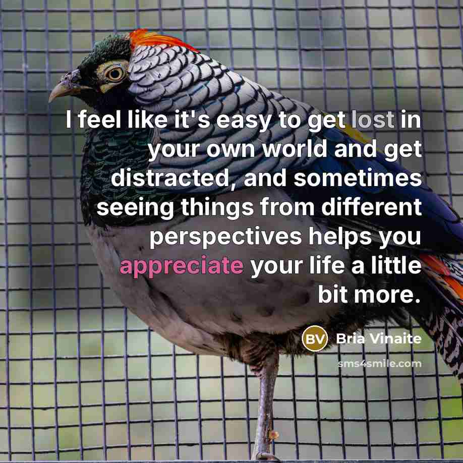 “I feel like it's easy to get lost in your own world and get distracted, and sometimes seeing things from different perspectives helps you appreciate your life a little bit more.” quote by Bria Vinaite