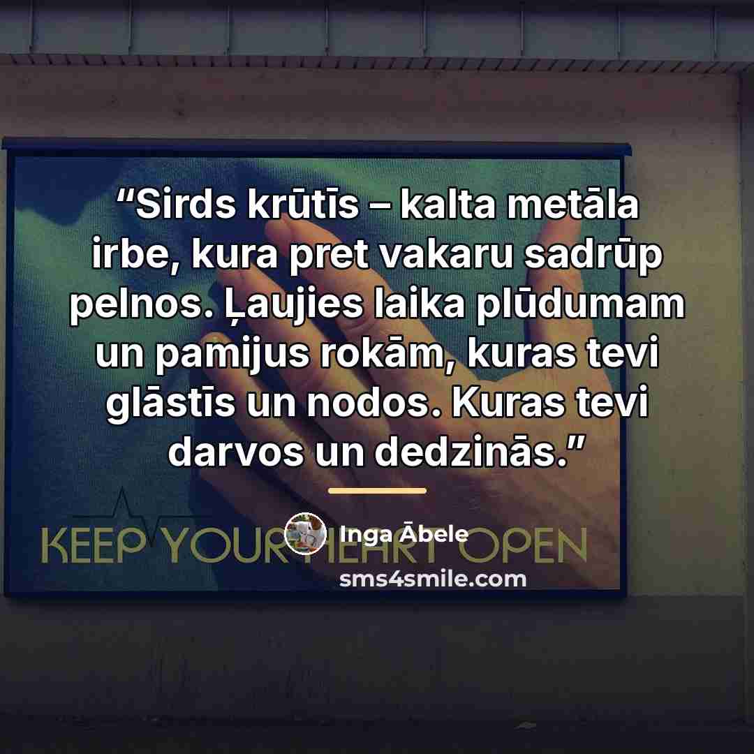 “Sirds krūtīs – kalta metāla irbe, kura pret vakaru sadrūp pelnos. Ļaujies laika plūdumam un pamijus rokām, kuras tevi glāstīs un nodos. Kuras tevi darvos un dedzinās.” quote by Anonymous