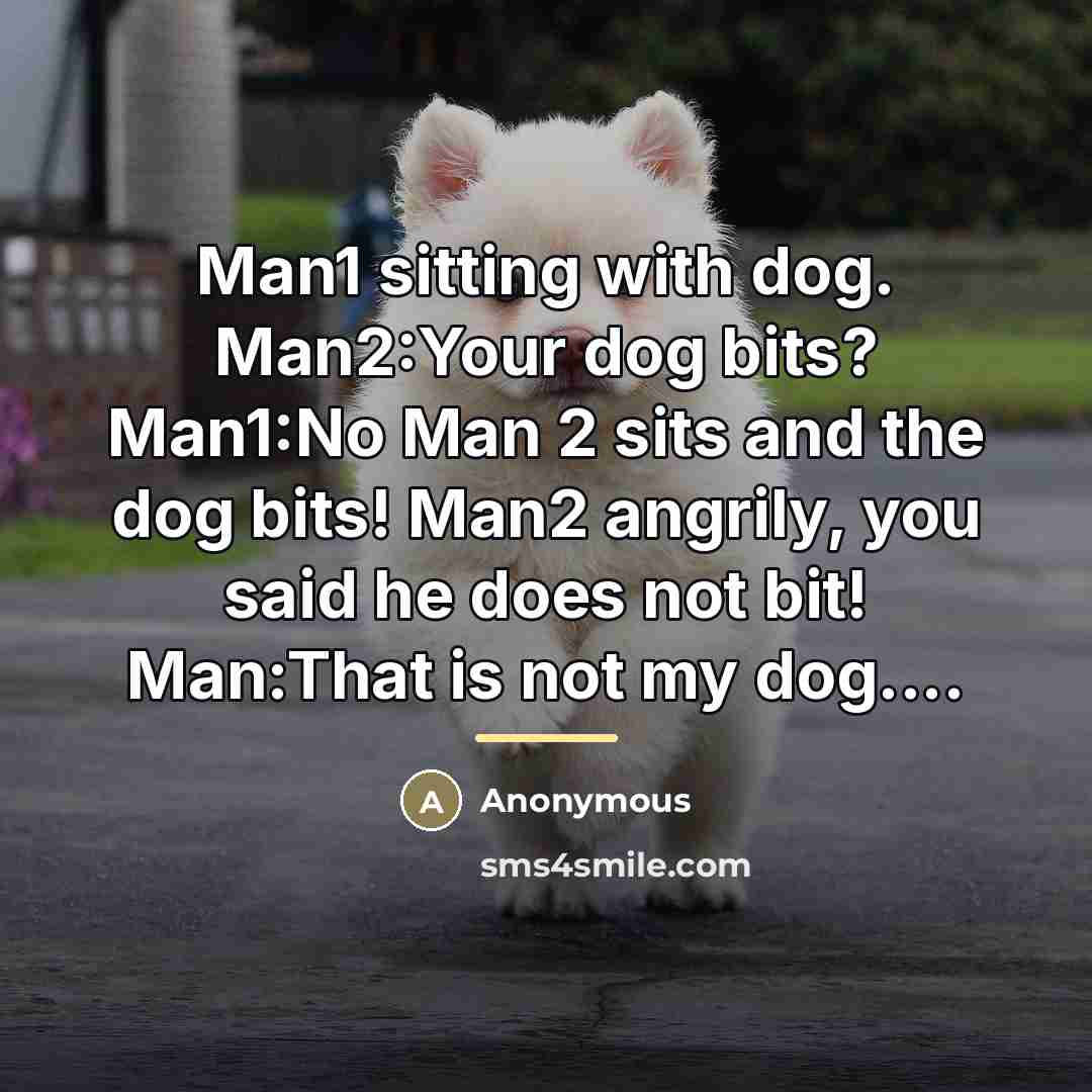 “Man1 sitting with dog. Man2:Your dog bits? Man1:No Man 2…” quote by Anonymous