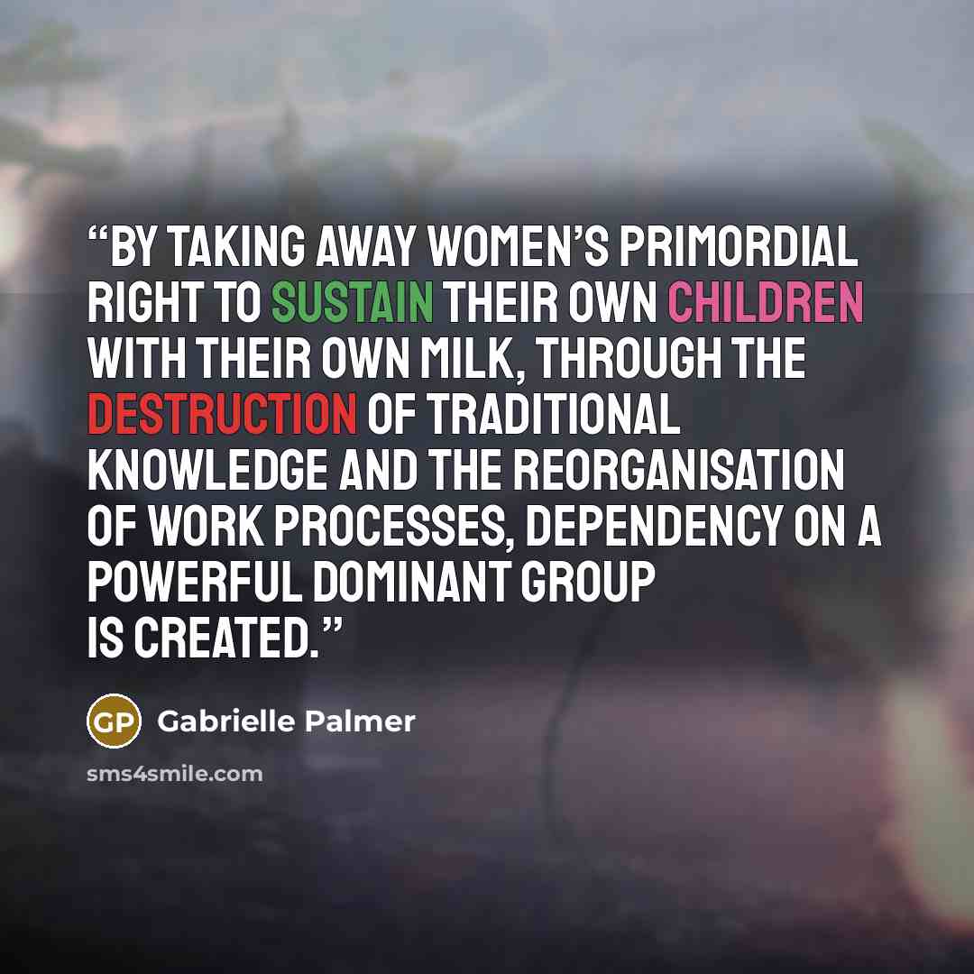 “By taking away women’s primordial right to sustain their own children with their own milk, through the destruction of traditional knowledge and the reorganisation of work processes, dependency on a powerful dominant group is created.” quote by Gabrielle Palmer