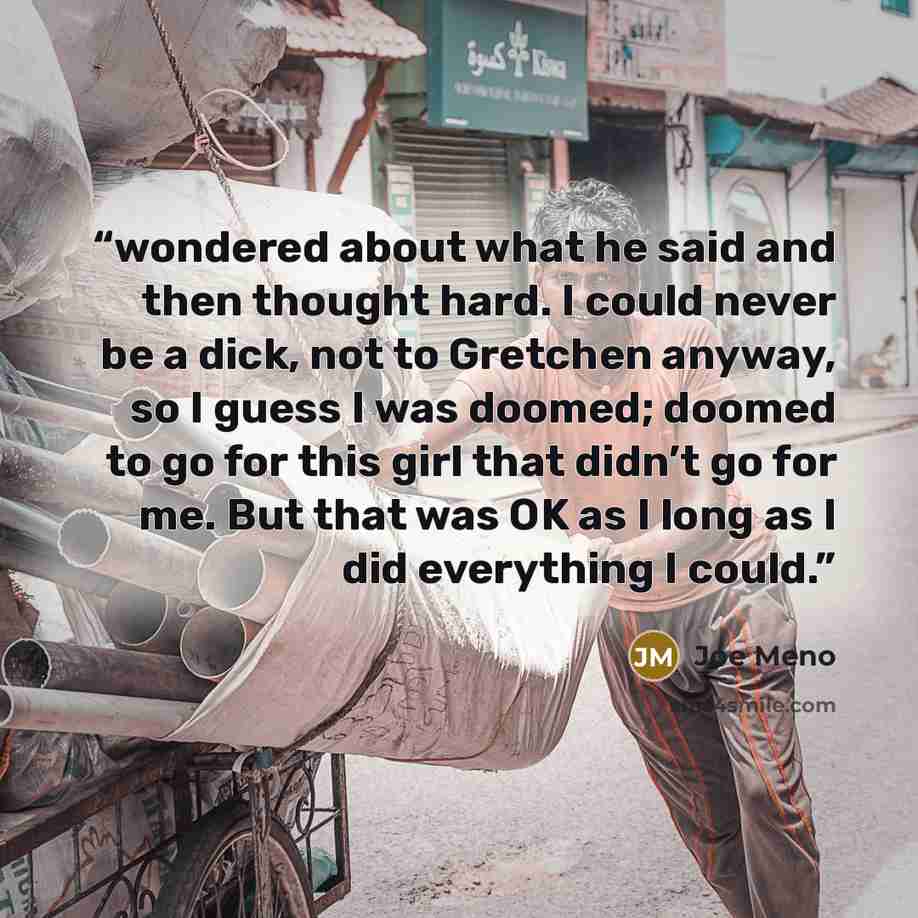 “wondered about what he said and then thought hard. I could never be a dick, not to Gretchen anyway, so I guess I was doomed; doomed to go for this girl that didn’t go for me. But that was OK as I long as I did everything I could.” quote by Joe Meno