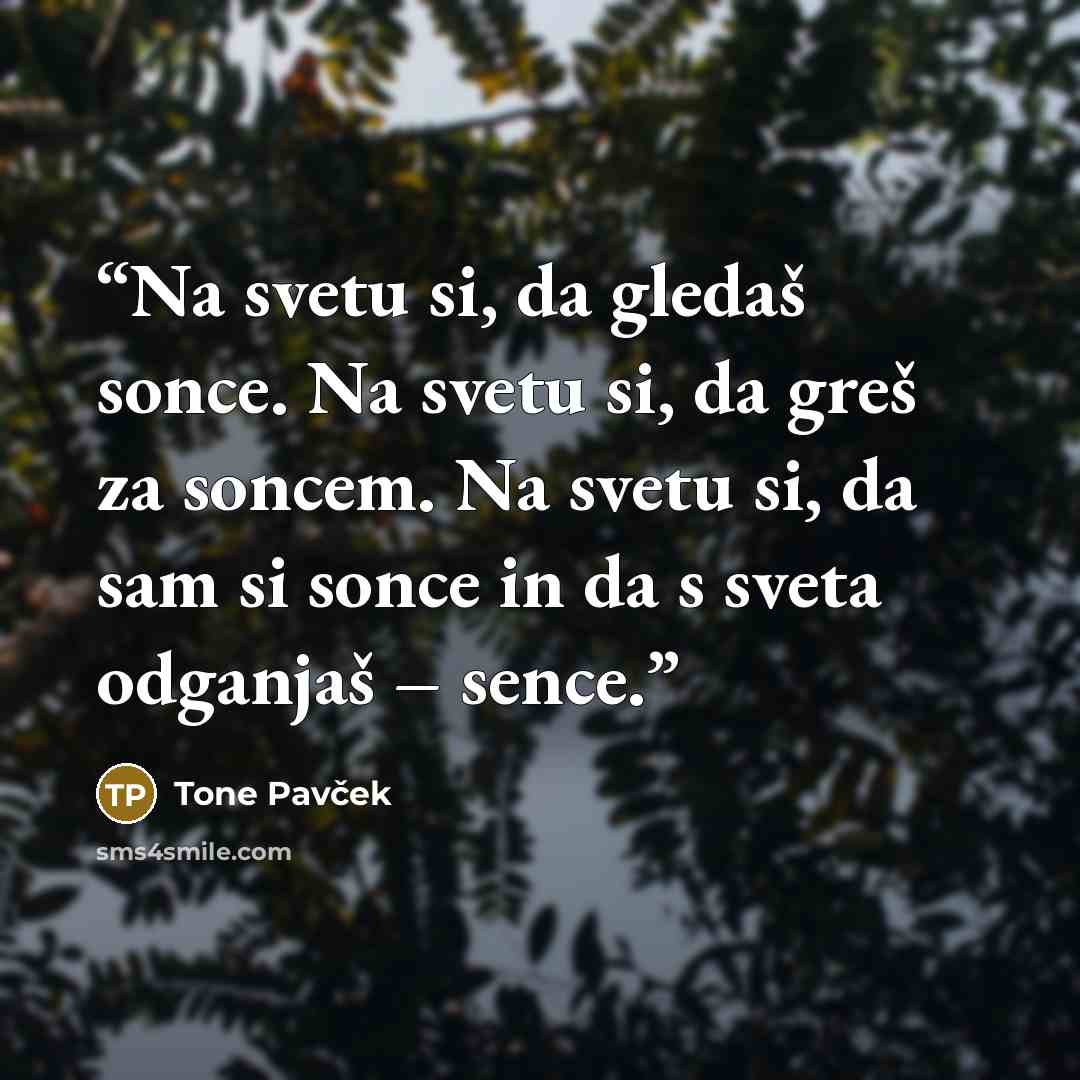 “Na svetu si, da gledaš sonce. Na svetu si, da greš za soncem. Na svetu si, da sam si sonce in da s sveta odganjaš – sence.” quote by Tone Pavček