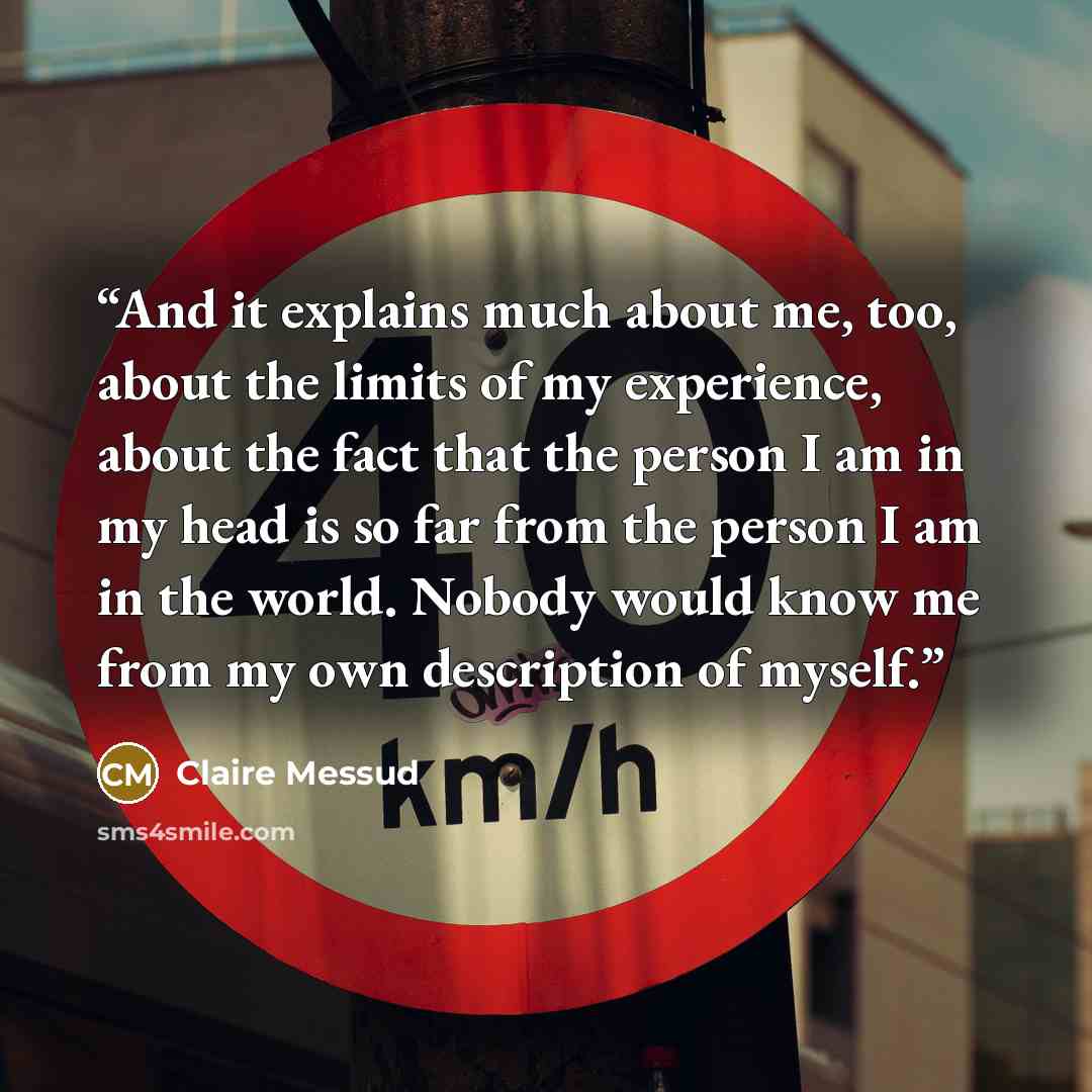 “And it explains much about me, too, about the limits of my experience, about the fact that the person I am in my head is so far from the person I am in the world. Nobody would know me from my own description of myself.” quote by Claire Messud