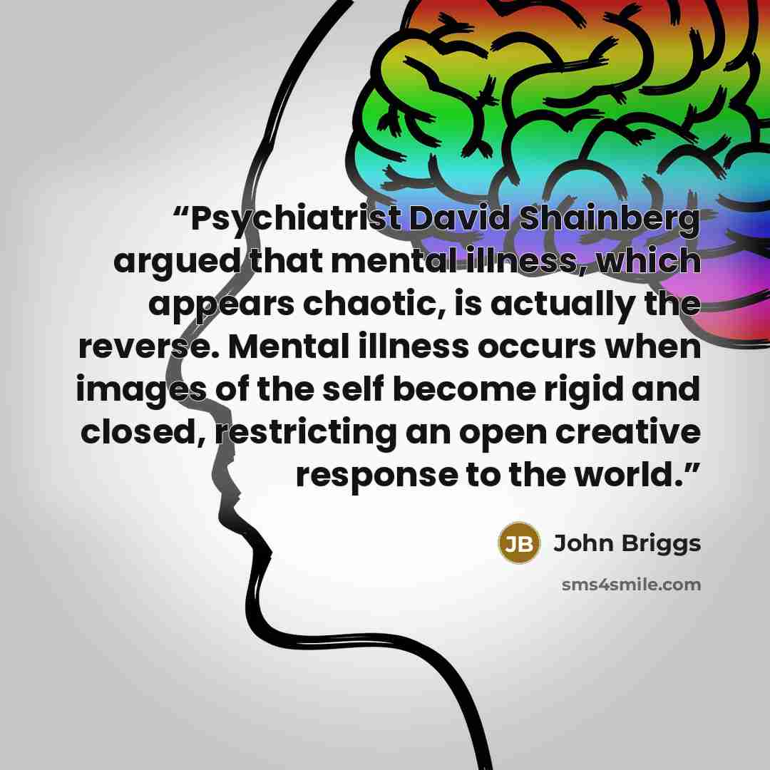“Psychiatrist David Shainberg argued that mental illness, which appears chaotic, is actually the reverse. Mental illness occurs when images of the self become rigid and closed, restricting an open creative response to the world.” quote by John Briggs
